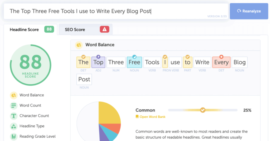 screenshot of headline analyzer reviewing headline for this blog post