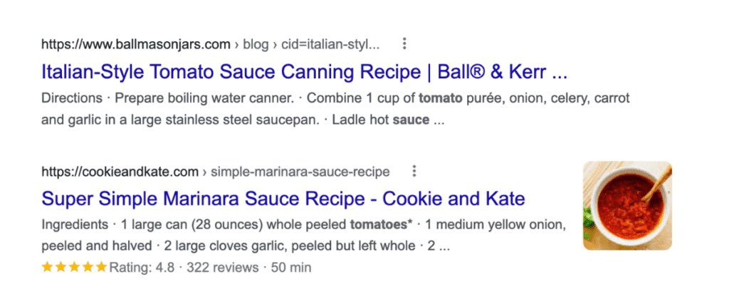 Examples of normal meta description and one with rich snippets